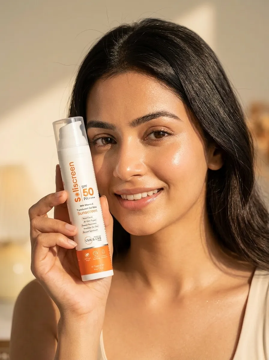 Woman holding Soliscreen sunscreen in natural light